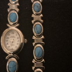 SilverTone Quartz Watch Set With Matching Bracelet And Faux Turquoise Stones,by Gloria Vanderbilt 