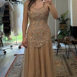 Elegant Beaded Gold Evening Gown 