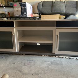 TV Console with Speakers/Bluetooth, Modern TV Stand, Glass Doors, Adjustable Shelves, Home, LivingR