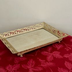 Vintage Mid Century Vanity Mirrored Tray — Hollywood Regency — Ornate Detail Design — 14.5"