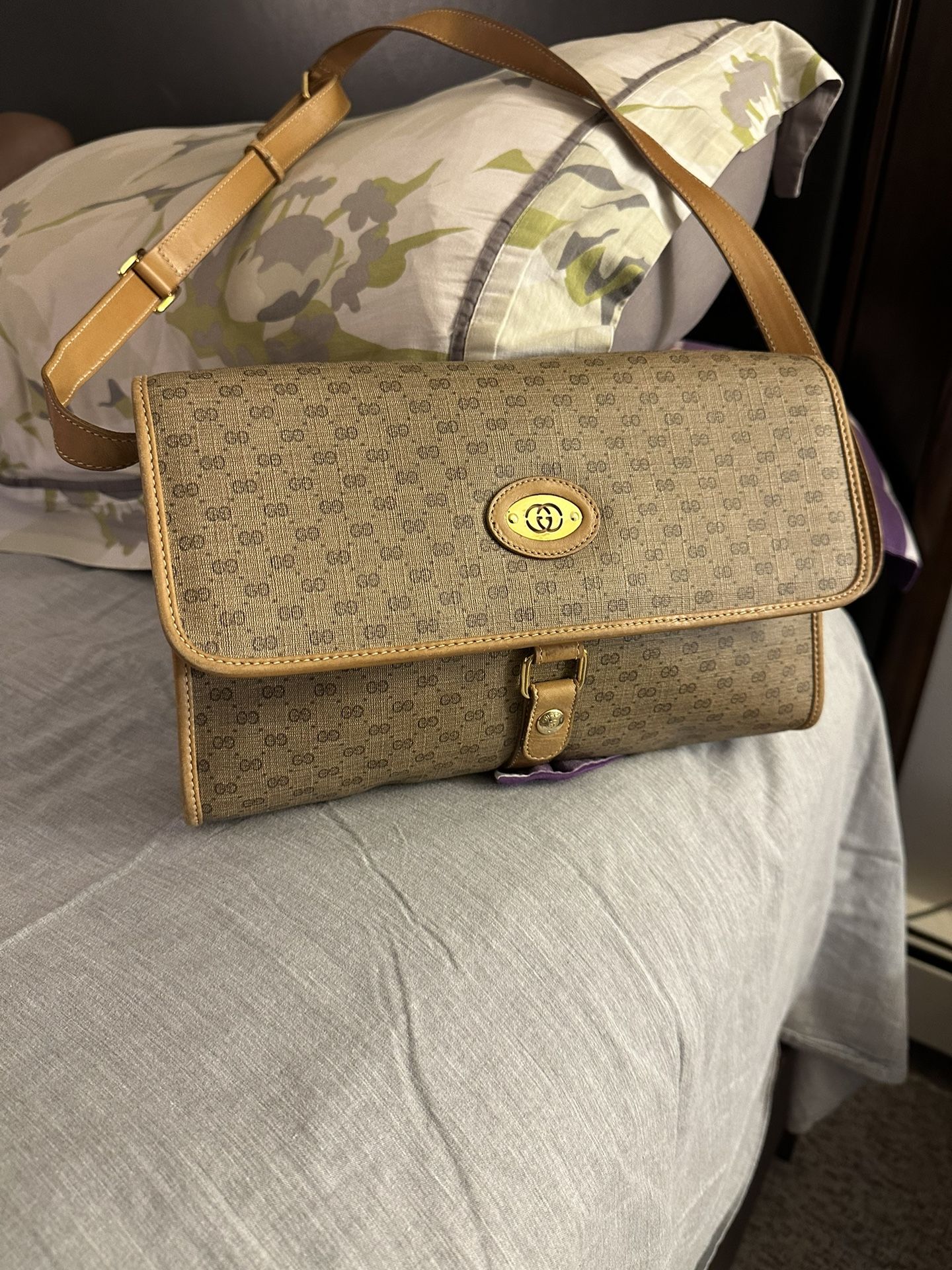 Vintage Gucci Shoulder Bag,monogram Light Brown Leather 