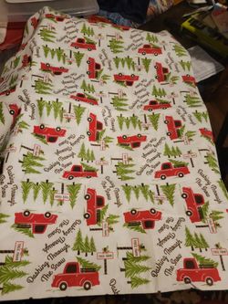 Christmas Flannel back Wipable Tablecloth Red Truck Tree Farm Print