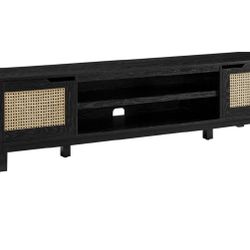N04 $150  Walker Edison Destin Modern Minimal Rattan-Door Stand for TVs up to 80 Inches, 70 Inch, Black  Brand Walker Edison Color Black Material Engi