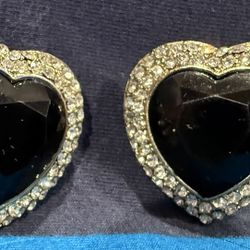 Silver And Gold Tone Black Onyx Heart With White Diamond Like Stone Earrings