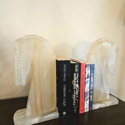 Large Pair Of MCM Polished Hand Carved White Onyx Stone Horsehead Bookends