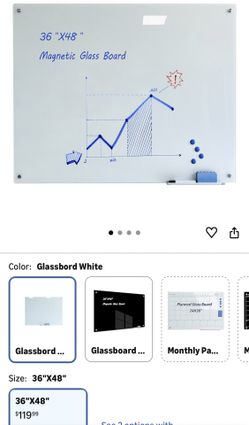 Magnetic Glass Whiteboard with Eraser 48" x 36" Frameless Tempered Glass Dry Erase Board with Marker Tray for Office, Wall Mounted Writing Board (Whit