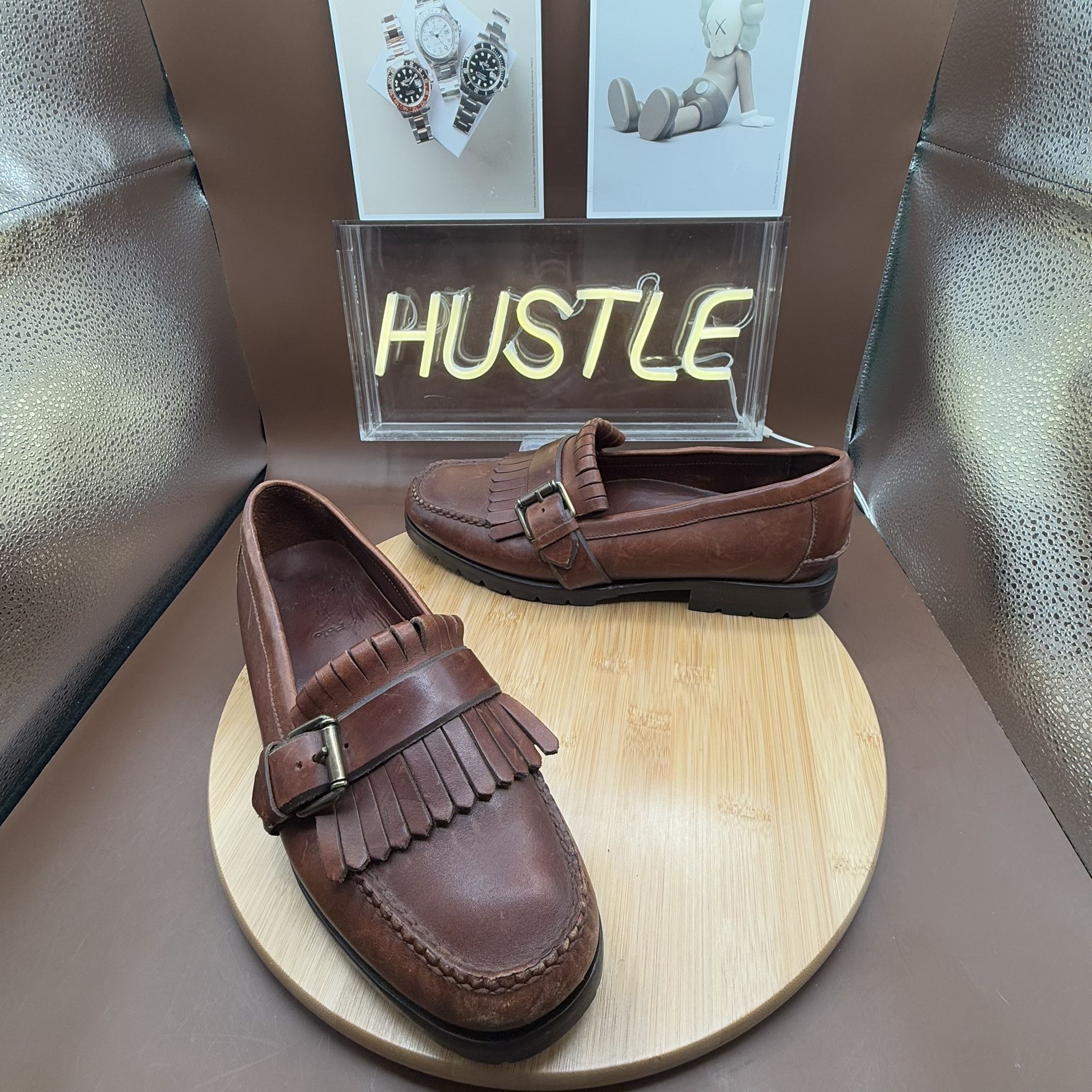 Polo RL Mens Loafers Sz 8.5 Brown Leather Kiltie Fringe Side Buckle Moccasin Shoes