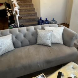 Modern Tufted Velvet Sofa Light Gray Glam Style