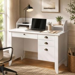 Computer Desk with 4 Drawers and Hutch, Home Office Desk with File Drawer, 44” Rustic Oak Wood Desk, Study Table for Bedroom,