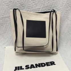 JIL SANDER Border medium canvas and leather tote bag