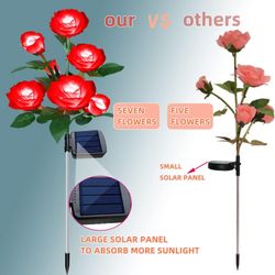 Outdoor Solar Lights Garden Stake Lights 7 Rose Flowers Path Solar Garden Lights Decorative Lights for Patio Yard Pathway Landscape Lighting (Red)