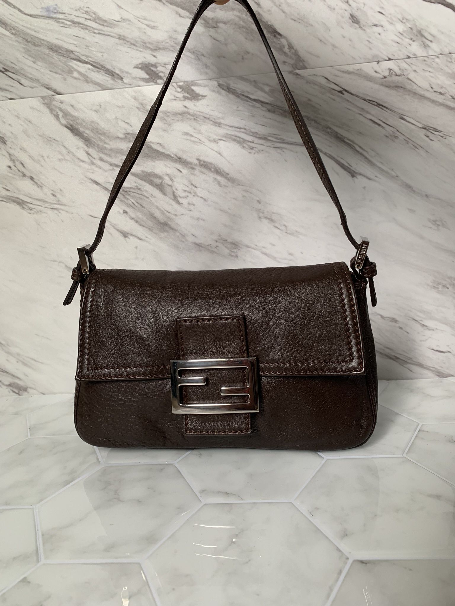 Fendi Brown Leather Baguette With Silver Accents