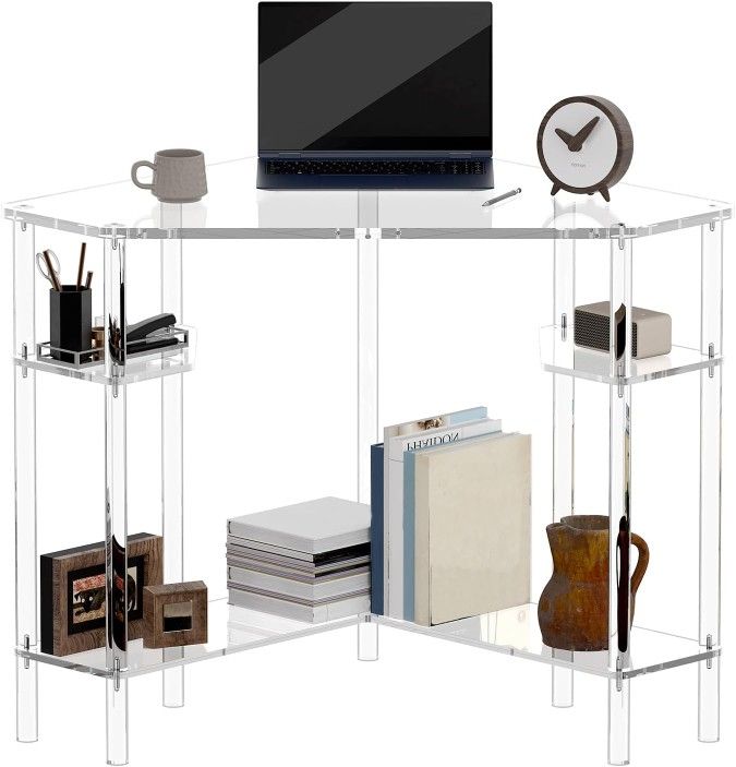 Acrylic Triangle Corner Desk - Computer Desk with Storage for Small Space, 90-Degrees, 28.5 x 28.5 inches, Home Office Desk Study Desk, for Living roo