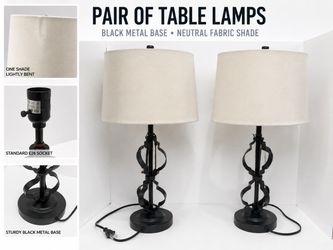 Pair of Black Metal Table Lamps with Neutral Fabric Shades