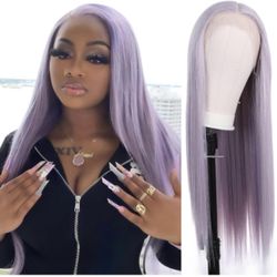 Human hair blend lace front light purple wig.