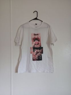 Tultex White Tee with Pink and Black Lip Graphic Sz L Men's