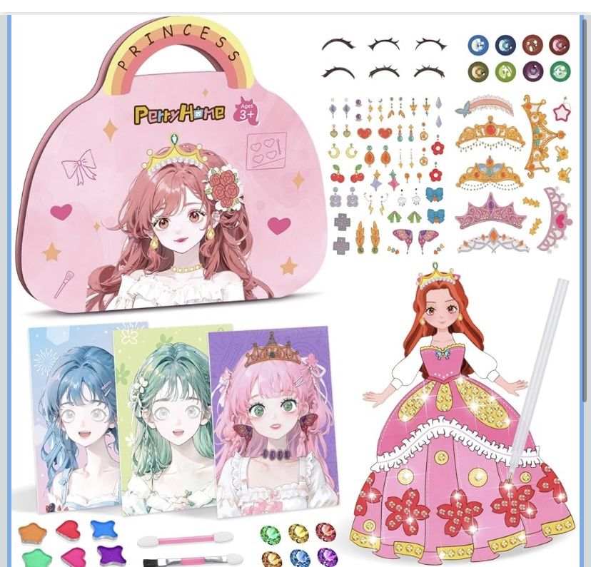 PERRYHOME DIY Paper Art Craft Kits-3 in 1 Princess Dress Up Game Set with Diamond Painting Kit