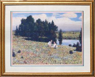 Playing by the pod original vintage landscape painting print