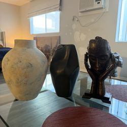 Modern Decorative Sculpture Set – Ceramic Vase, Abstract Black Figure, Tribal Mask, & Cube Art