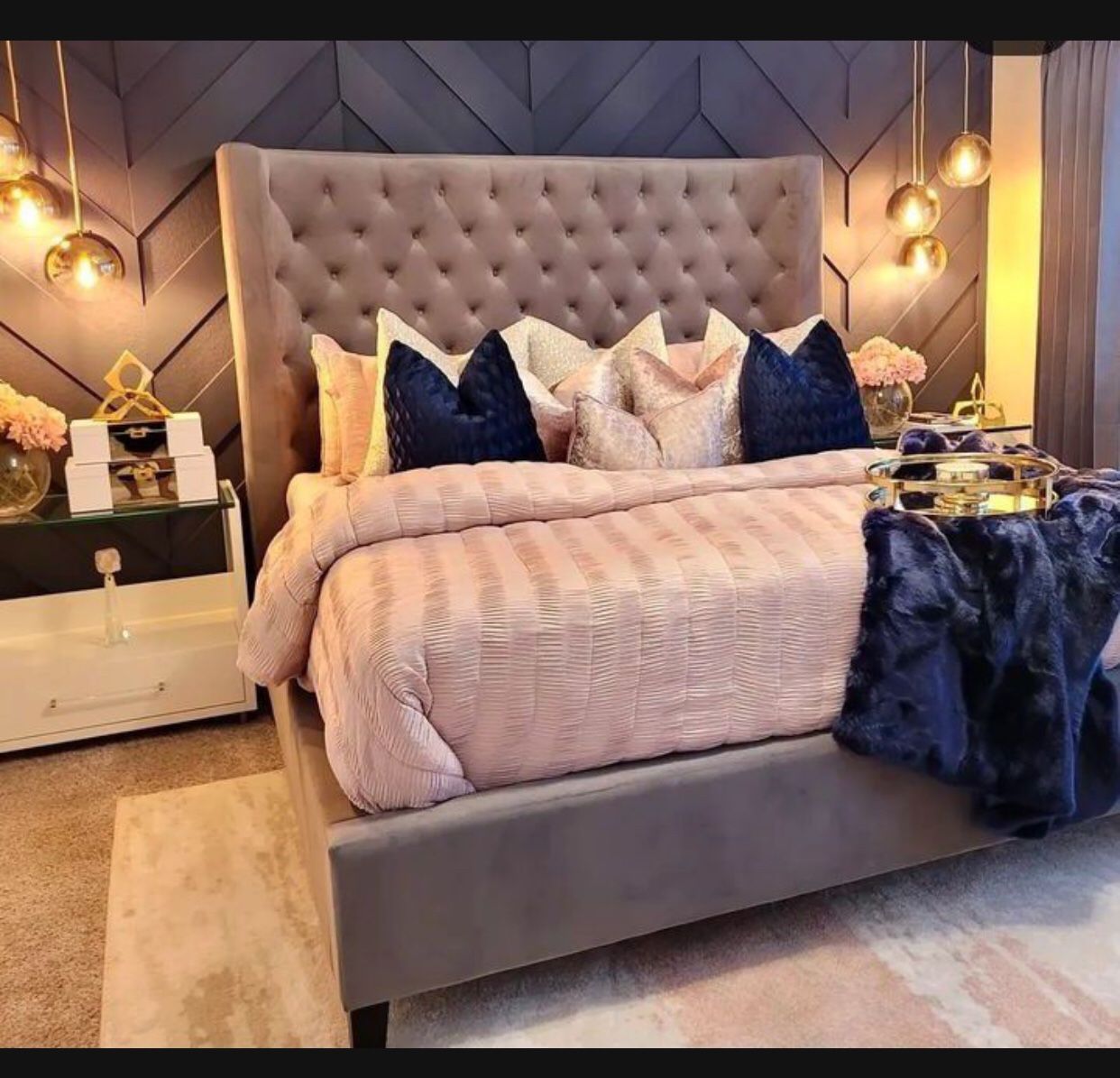 New Gray Velvet Like Fabric Solid Wood Queen Size Mirabelle Bed🔥 Fastest Delivery 🚚