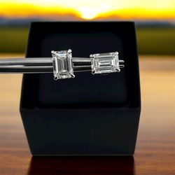 Emerald Shape Certified Earrings In 14k White Gold