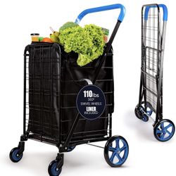 Large Folding Utility Shopping Cart with Removable Liner – Heavy Duty, 360° Swivel Wheels, 110 lb Capacity, Portable for Groceries, Laundry, Luggage, 