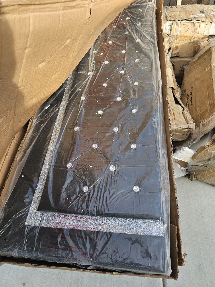 Black Faux Leather Queen Bed Frame With Bling