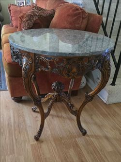Vintage Marble Top Walnut Accent Table – Ornately Carved