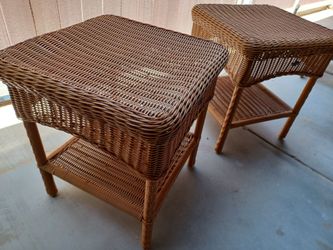 Two Hampton Bay wicker patio tables