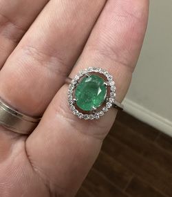 2.95ct Natural Emerald and Diamond Ring in 14k Solid White Gold