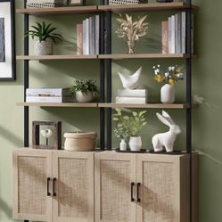  5-Shelf Ladder Bookshelf with Rattan Cabinet, Wall Mounted Bookcase