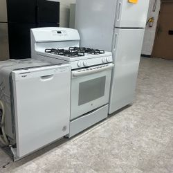 Ge white top freezer fridge and ge gas stove / dishwasher package 