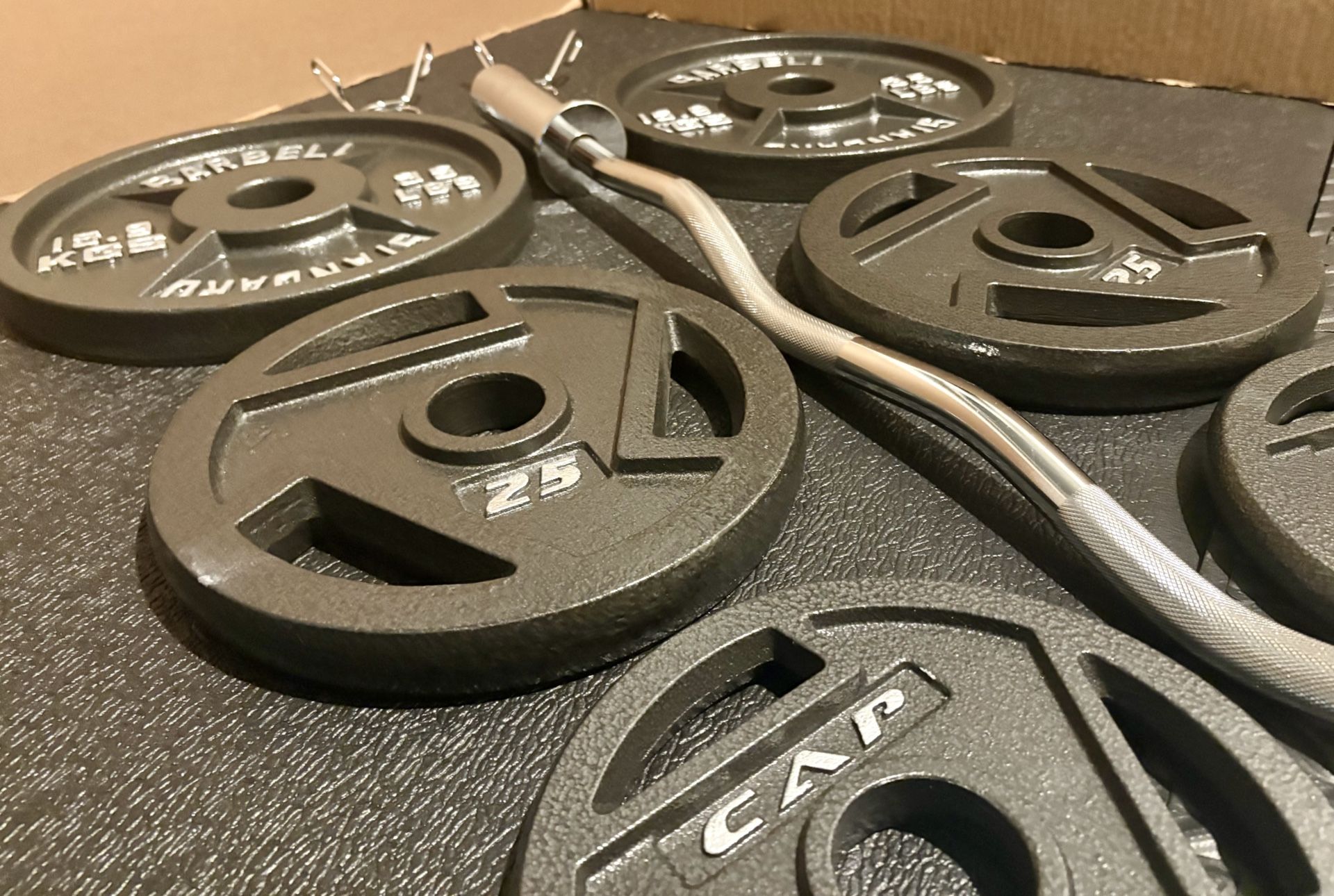 BRAND NEW Olympic Curl Bar With Cast Iron Weight Plates; 35#, 25#, 10#, 5 and 2.5# (170 pounds)