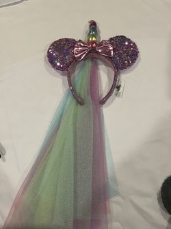Disney Disneyland Unicorn Rainbow Glitter Veil Ears Headband Like New