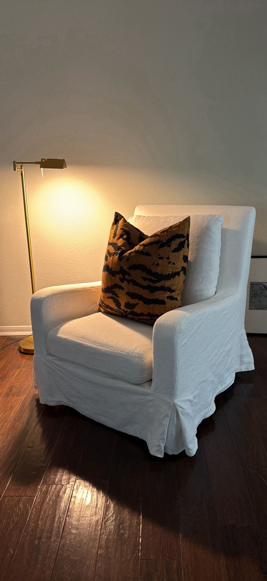 Restoration Hardware Belgian Slipcovered Slope Arm Swivel Glider Chair – Linen White