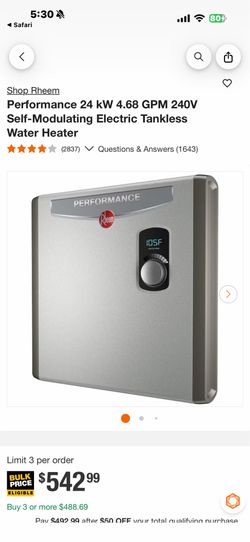 Rheem Performance 24 kW 4.68 GPM 240V Self-Modulating Electric Tankless Water Heater