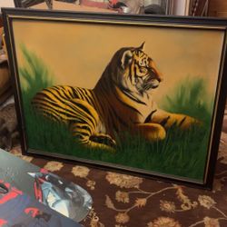 Beautiful XL Vintage original oil painting bengal tiger