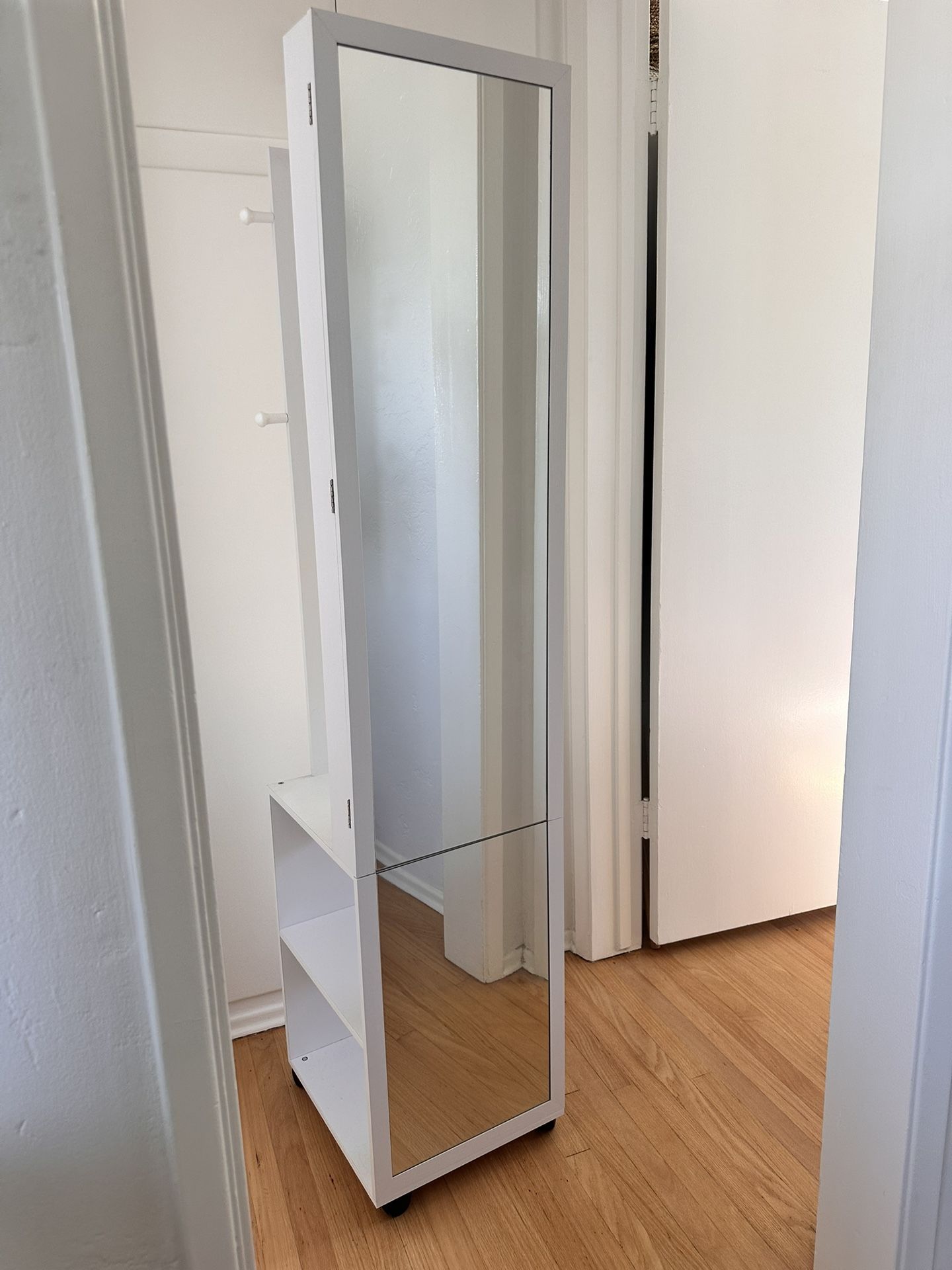 Rotating Mirror Jewelry & Makeup Organizer with Shelves and Hooks 