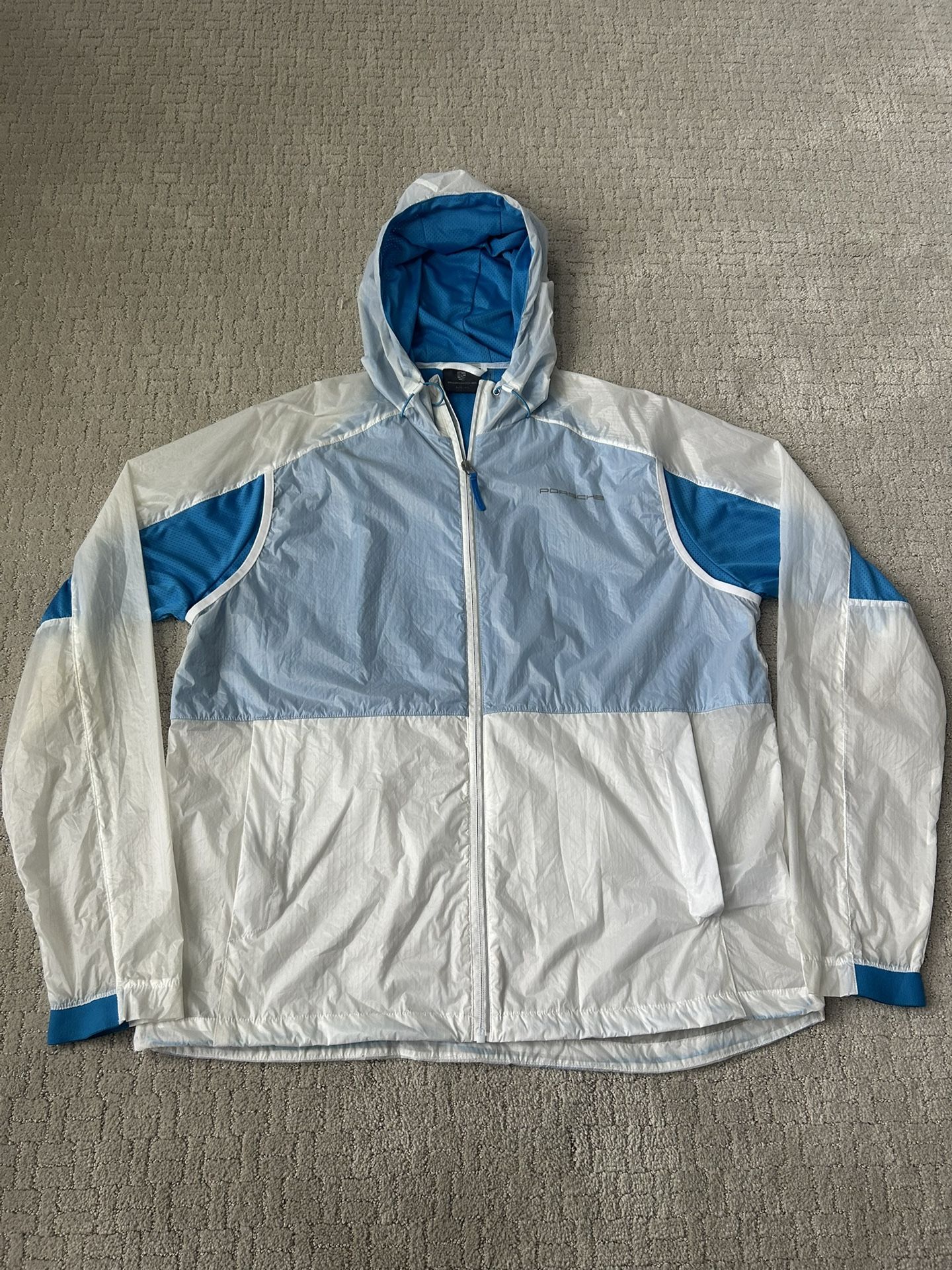 Porsche Taycan Rain Jacket Hoodie White Blue Trim mens X-LARGE fluorescent Windbreaker