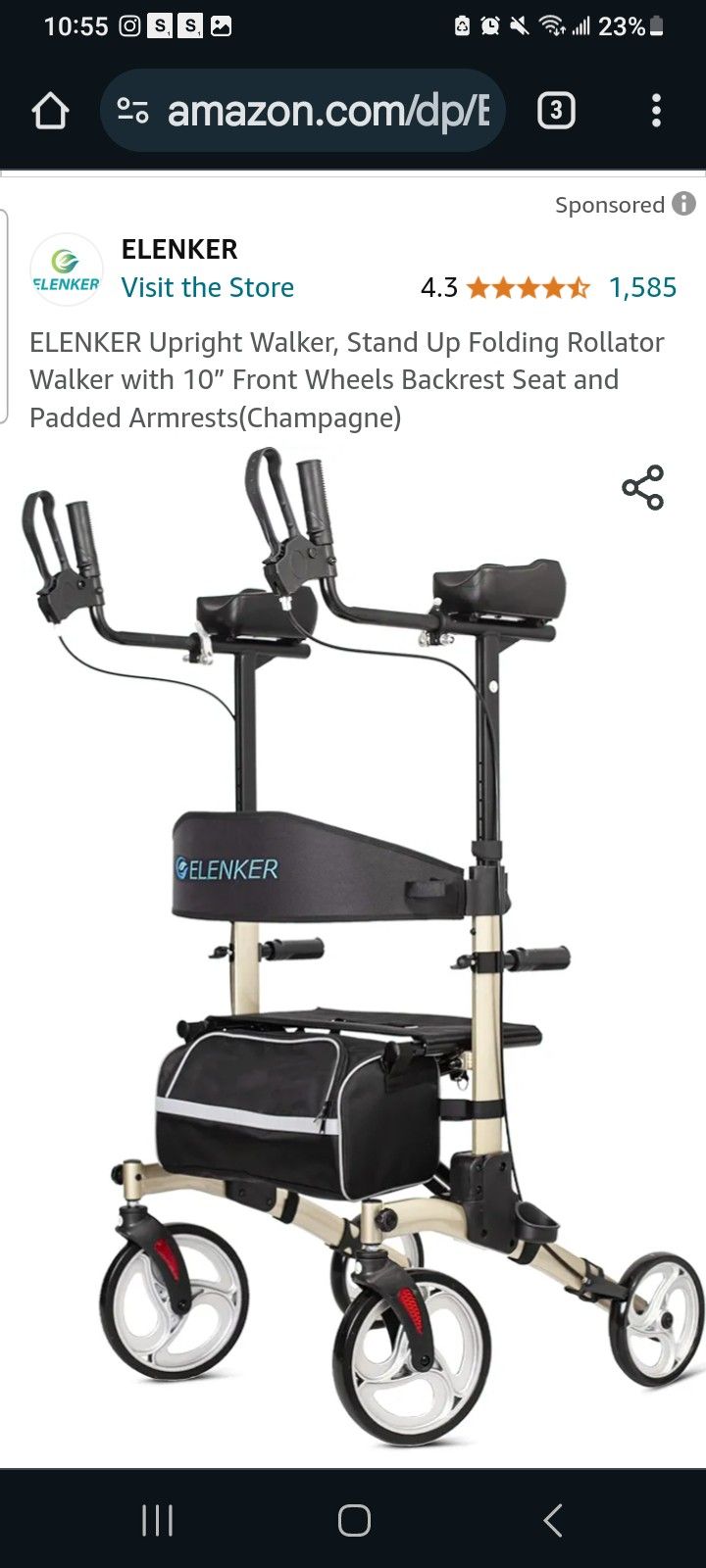 ELENKER Upright Walker, Stand Up Folding Rollator Walker with 10” Front Wheels Backrest Seat and Padded Armrests(Champagne)