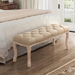 45.2" wheat white/French Vintage Tufted Entryway Bench with Distressed Wood Legs