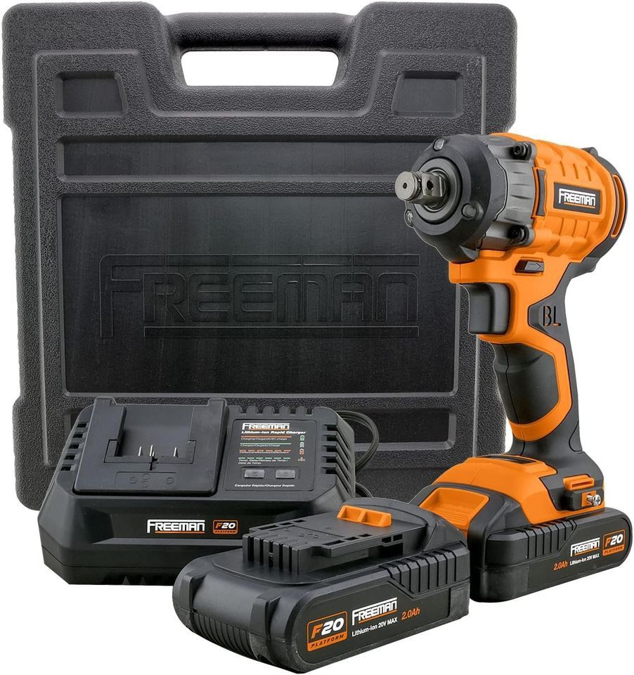 Freeman P12IW 20 Volt Cordless and Brushless 1/2" Impact Wrench Kit with 2 Ah Lithium-Ion Batteries, Ch