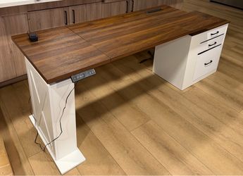 Electric Height Adjustable Standing Desk with 3 Drawers – Rustic Brown & White