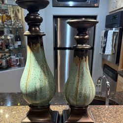 Two Teal & Gold Drip Pillar Candle Holders w/ Bronze-Toned Base