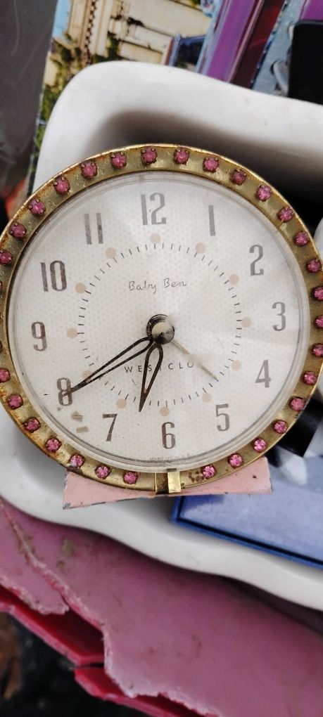 Vintage Westclox Baby Ben Alarm Clock Hers Pink Rhinestones Gold Tone Wind Up