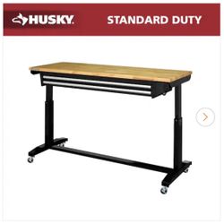 NEW IN BOX Husky 62 in. W x 24 in. D 2-Drawer Adjustable Height Black Workbench Table with Solid Wood Top