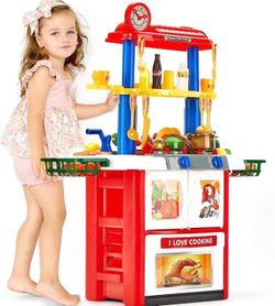 Kitchen Set for Kids - Kids Kitchen Playset with Sink, Cooking Spray, Faucet, Lights, Sounds, BBQ - 33" High Pretend Play Kitchen for Kids Ages 4-8 -