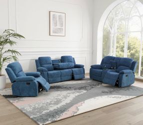 Blue chenille fabric fully reclining three piece couch set