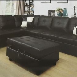 Black Leather Sectional Couch And Ottoman
