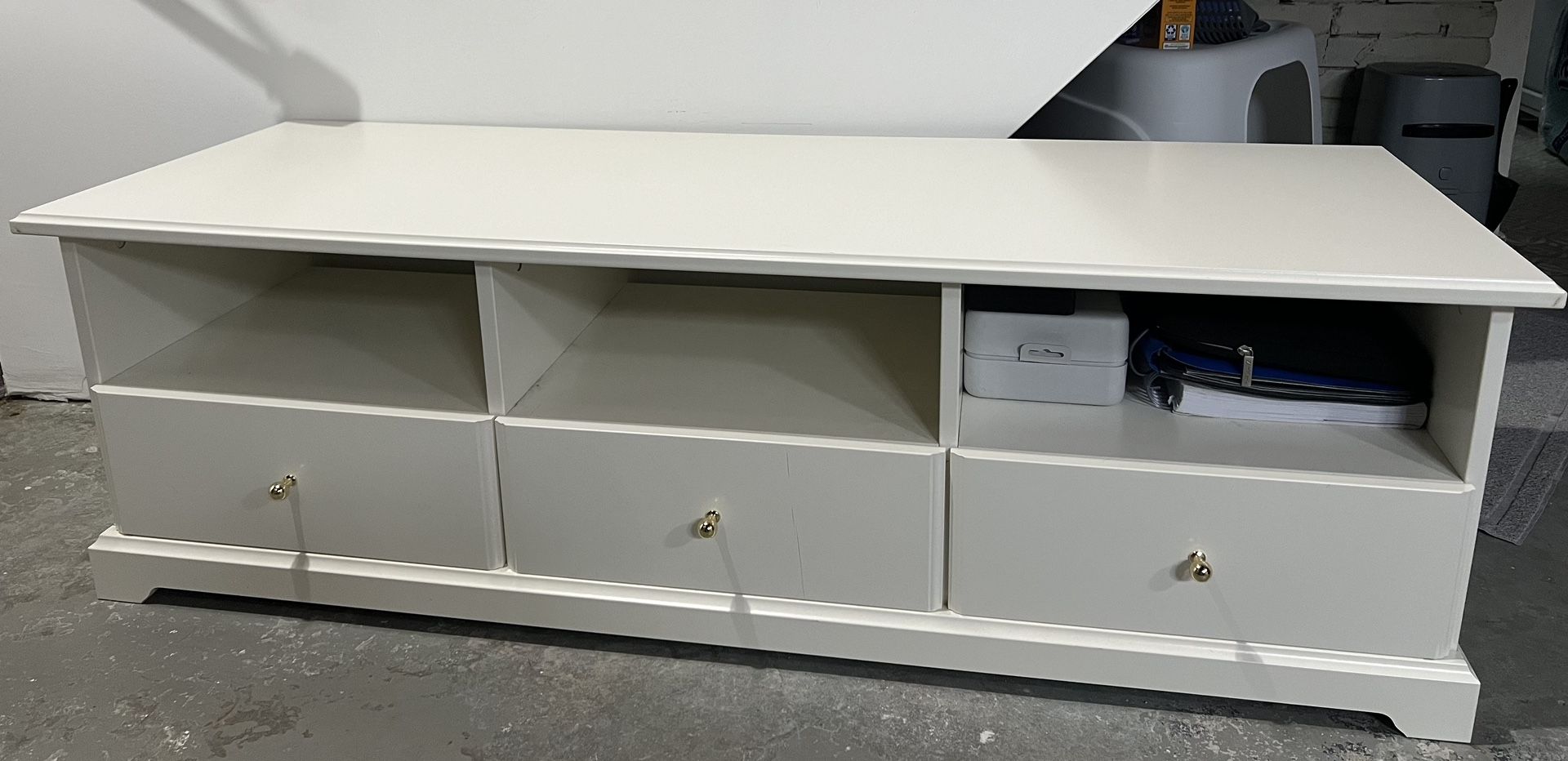 White TV Stand with Gold Handles